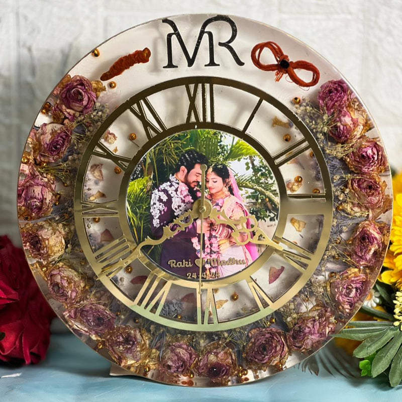 Epoxy Wall Clock with Preserved Couple Photo & Garland Flower