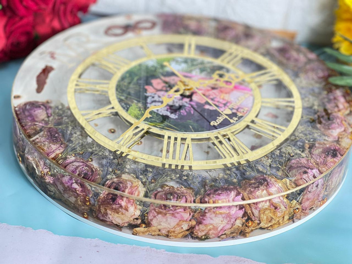 Epoxy Wall Clock with Preserved Couple Photo & Garland Flower