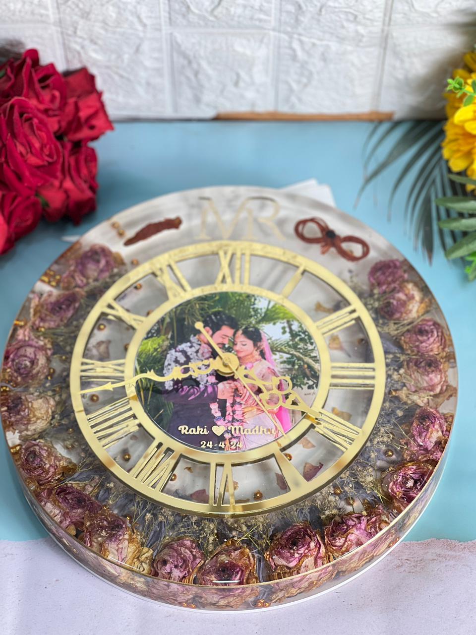 Epoxy Wall Clock with Preserved Couple Photo & Garland Flower