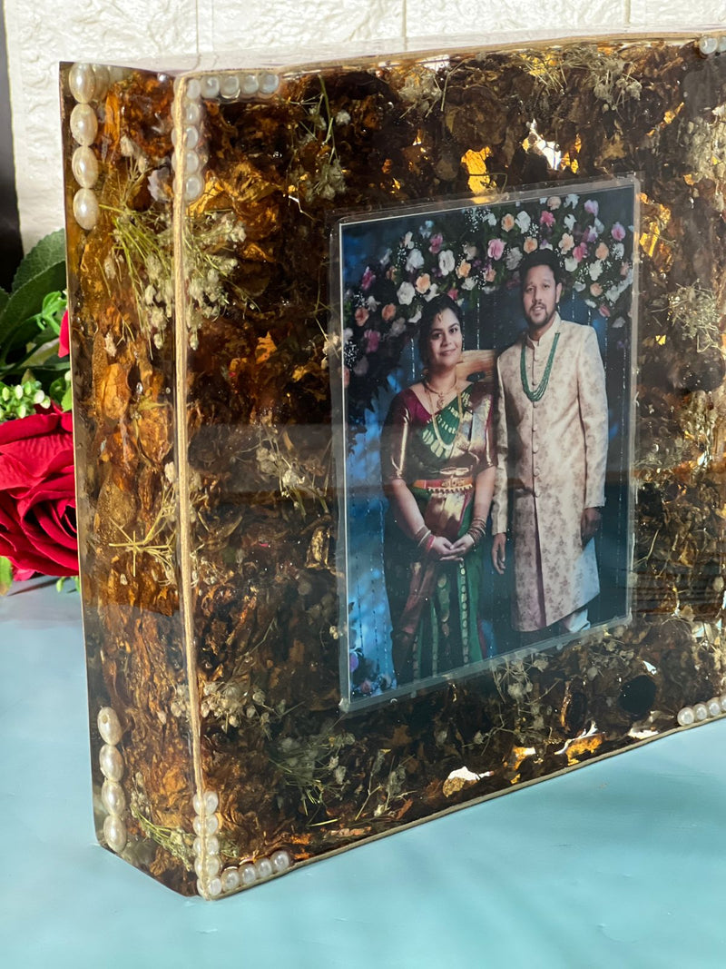 Reversable Wedding Card With Couple Photo Yellow Garland Flowers Preseve In Epoxy Block| Floral Varmala Deepcasted With Pearl In Resin