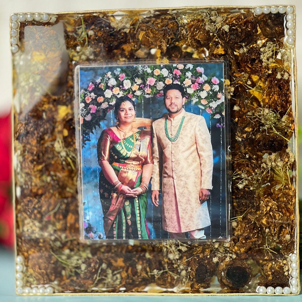 Double Sided Resin Frame with Wedding Card, Couple Photo and Varmala Preservation