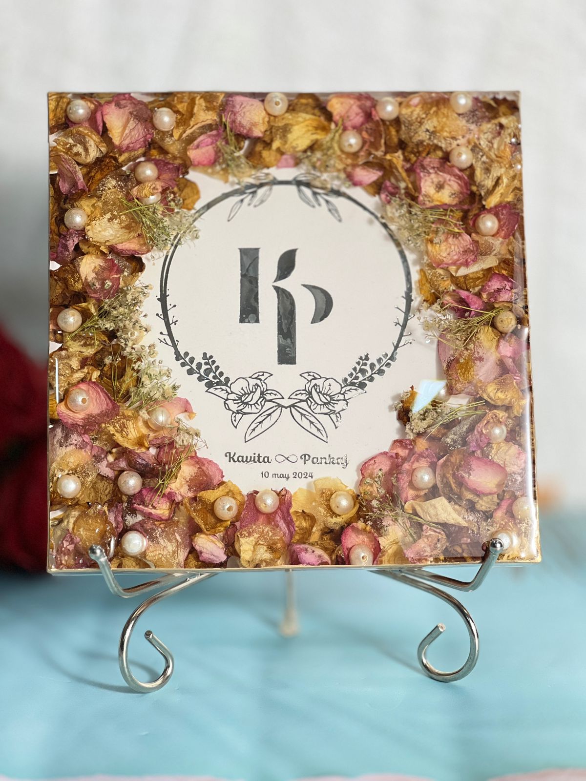 Resin Couple Names & Wedding Date Preservation with Varmala Flowers,  with a Metal Stand