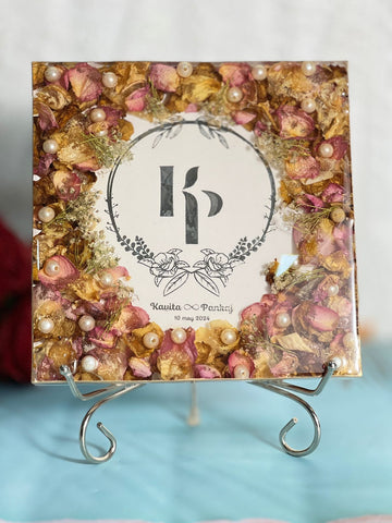 Resin Couple Names & Wedding Date Preservation Frame with Varmala Flowers
