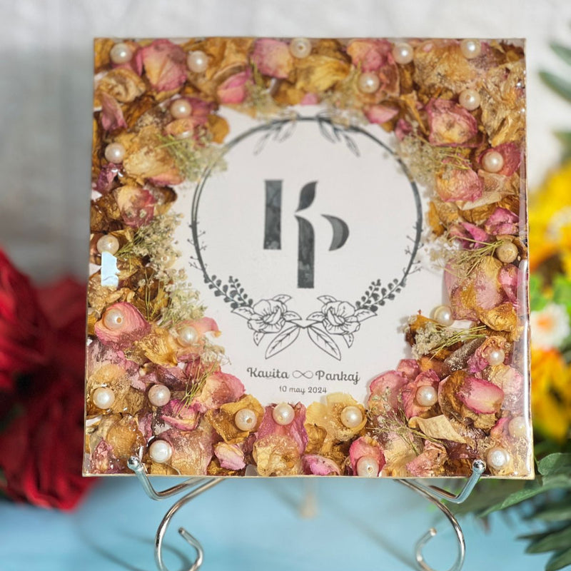 Resin Couple Names & Wedding Date Preservation Frame with Varmala Flowers