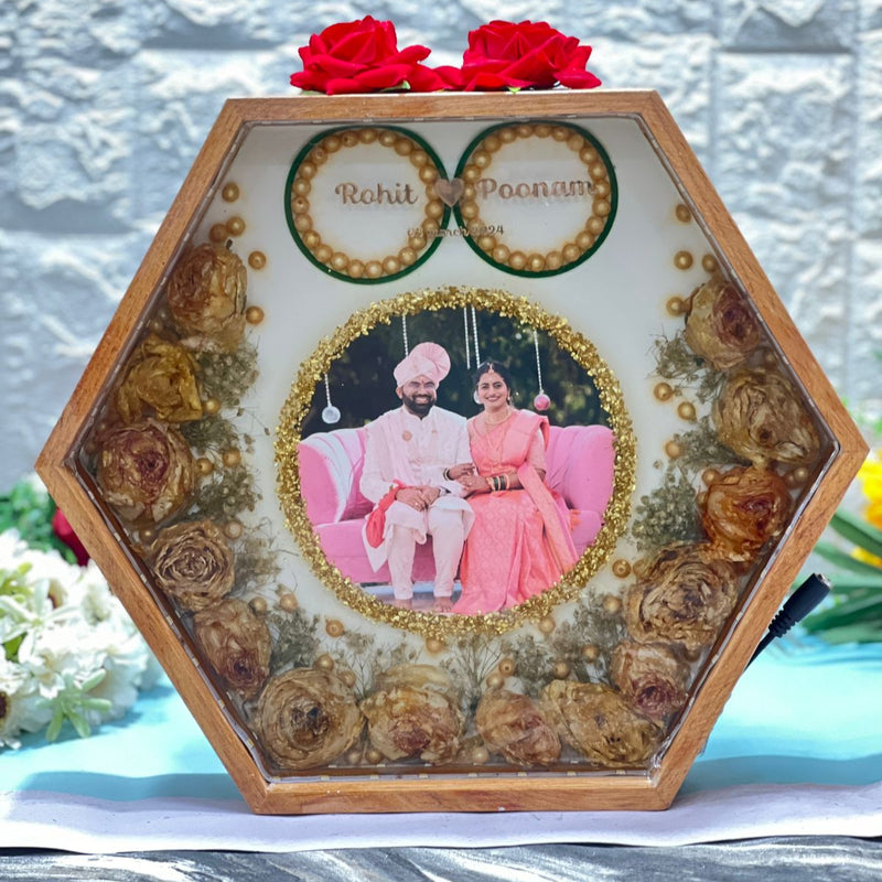 Wooden Hexagonal LED Varmala Preservation Photo Frame