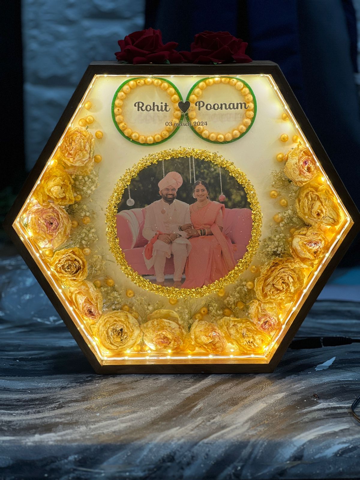 Wooden Hexagonal LED Varmala Preservation Photo Frame