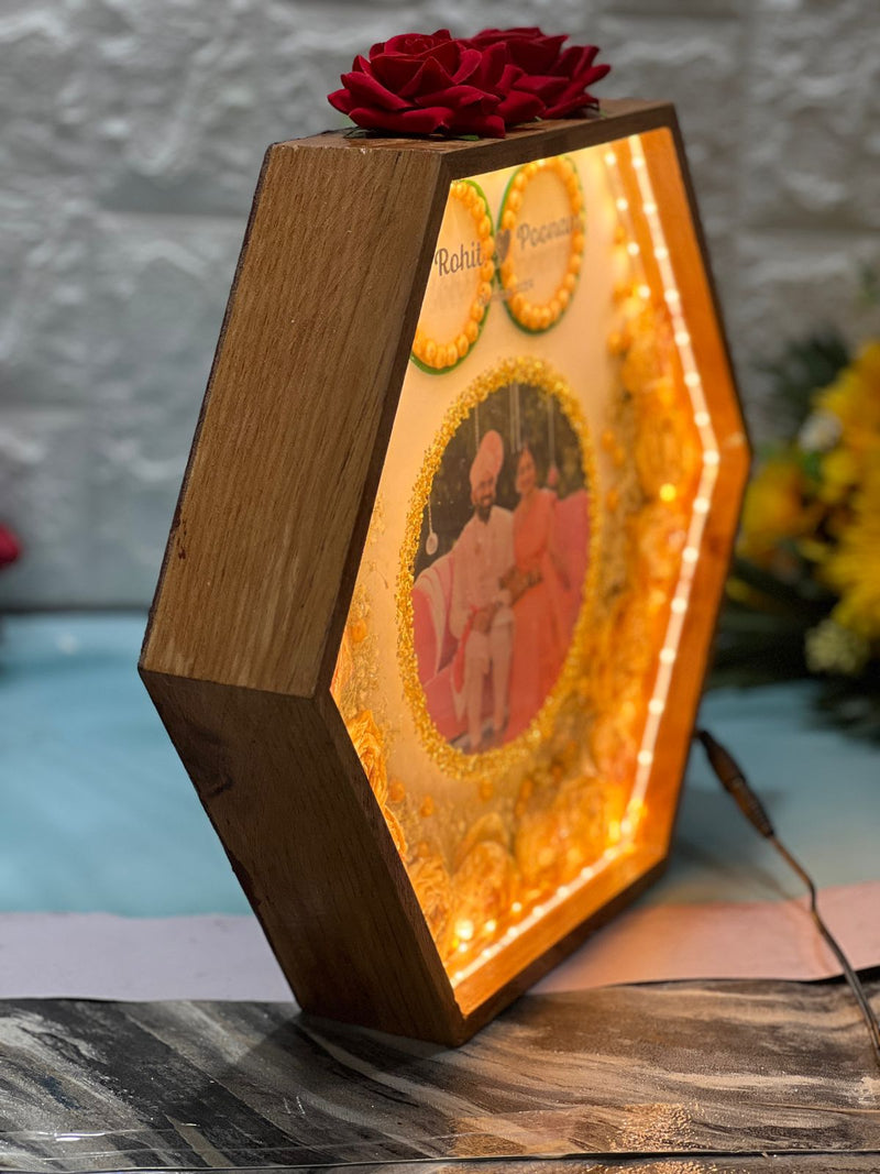 Hexagonal LED Varmala Preservation Photo Frame with Roses Decoration on Top |  LED Light Frame for Bedroom Table