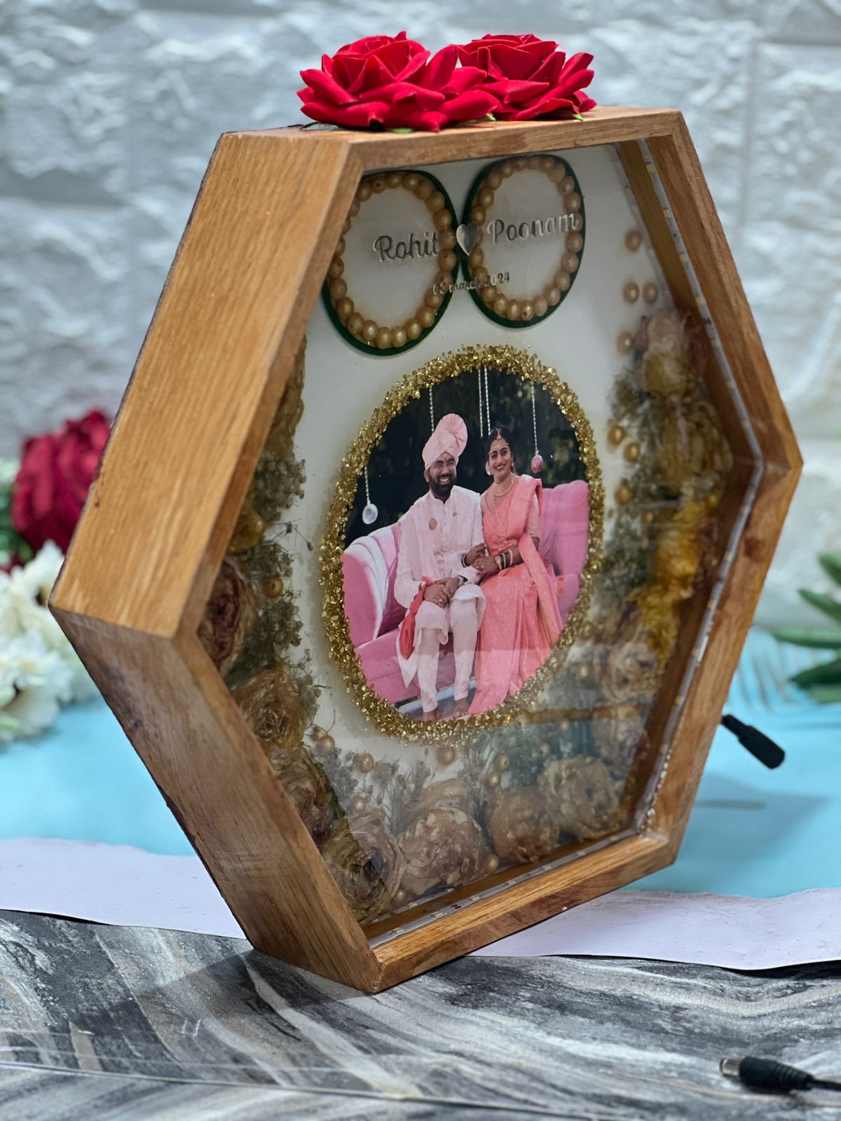 Hexagonal LED Varmala Preservation Photo Frame with Roses Decoration on Top |  LED Light Frame for Bedroom Table