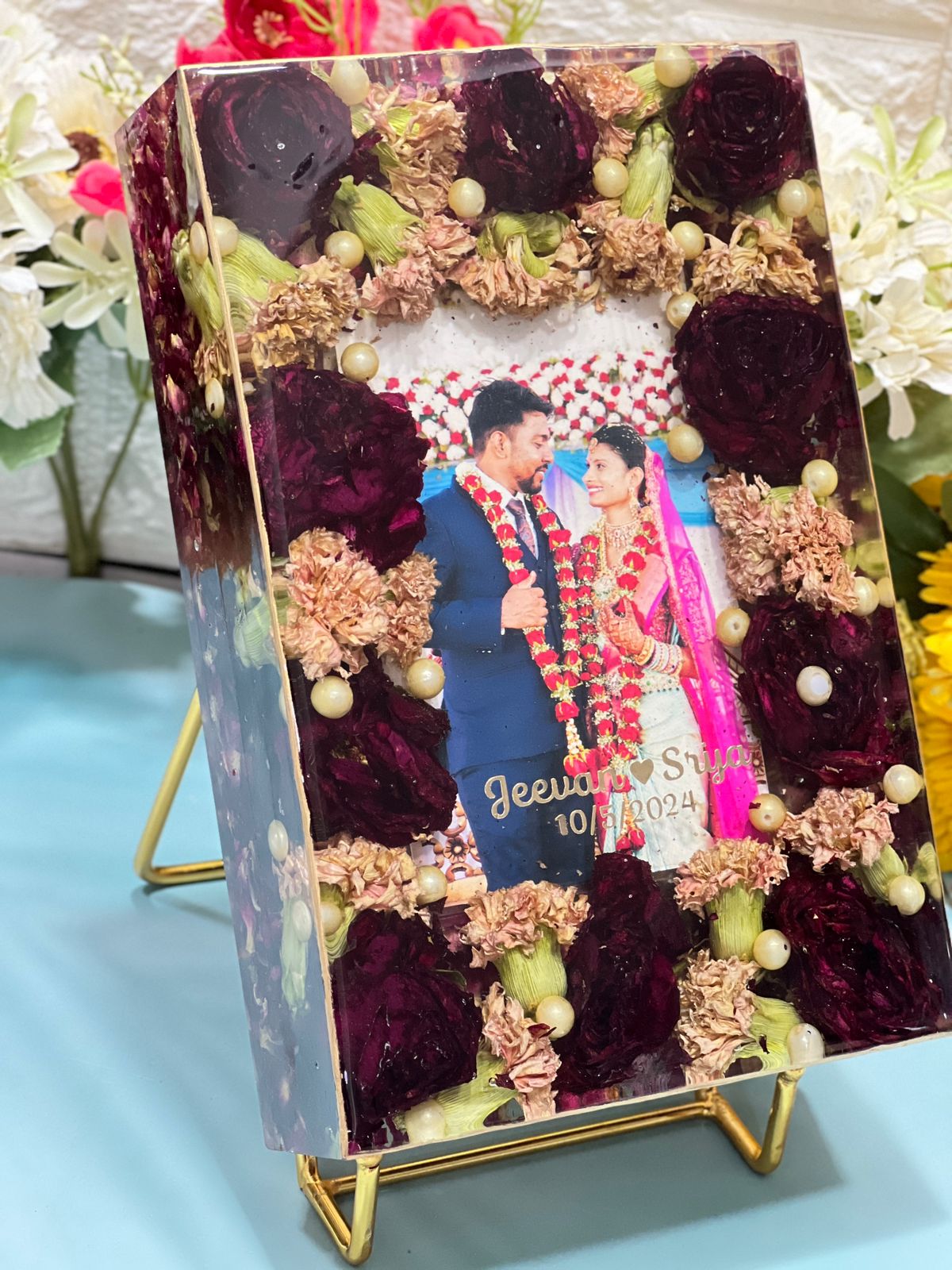 Hot selling varmala Preservation Rectangle Block  l  Memories Preserved Keepsake l Wedding Date, Couple Name and Hashtag Preservation with Golden Metal Stand