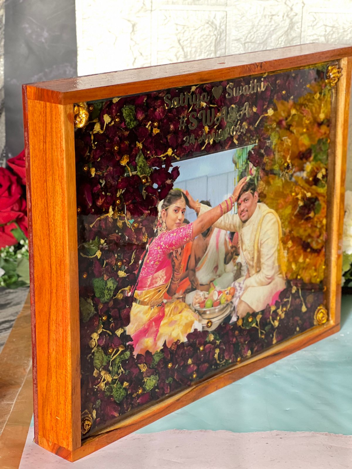 Jaimala Petals Preserve In Resin Frame | Red And Golden Garland Flower Preserve  With Couple Photo In | Bespoke Resin Varmala Frame With Couple Name And Engament Date And Hashtag |