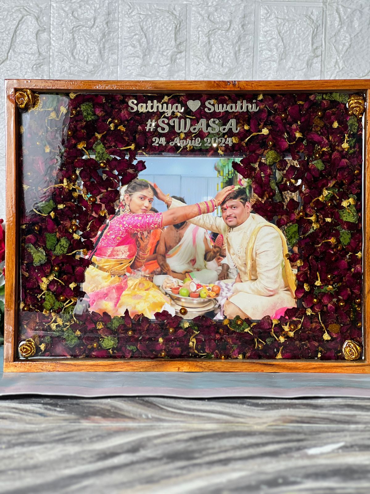 Wedding Jaimala Petals Preserved in Resin Frame
