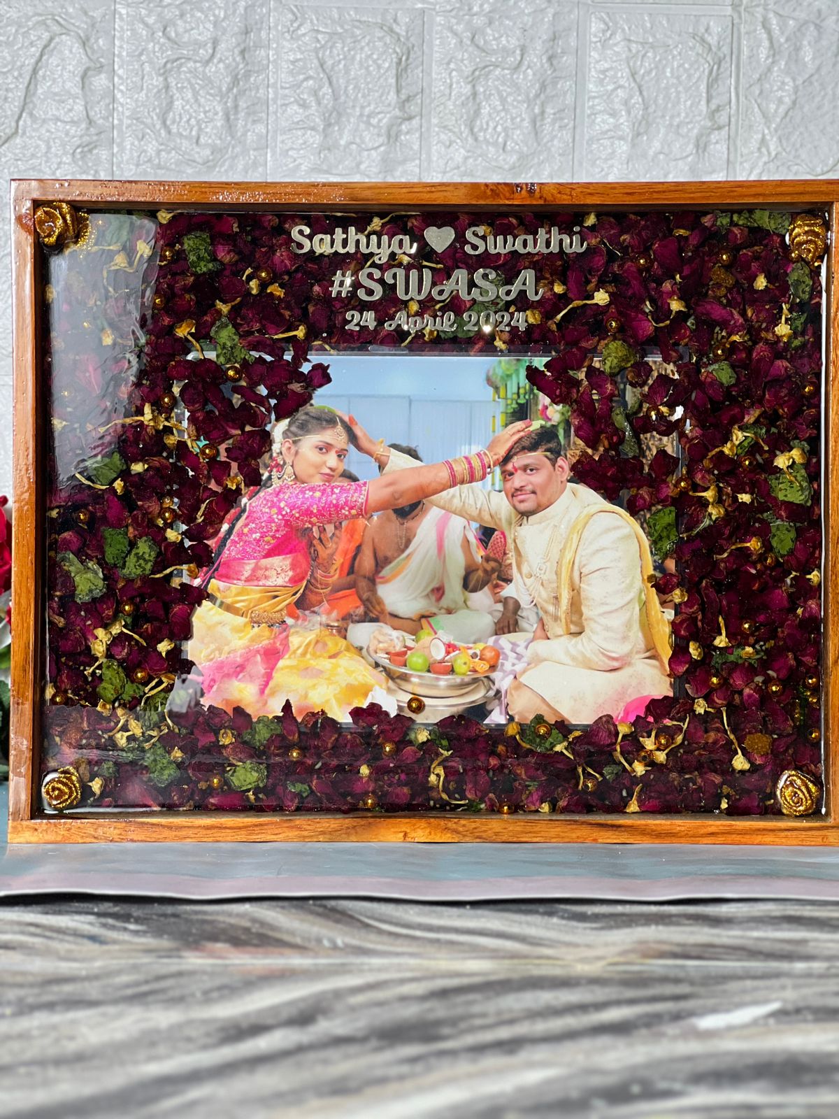 Jaimala Petals Preserve In Resin Frame | Red And Golden Garland Flower Preserve  With Couple Photo In | Bespoke Resin Varmala Frame With Couple Name And Engament Date And Hashtag |