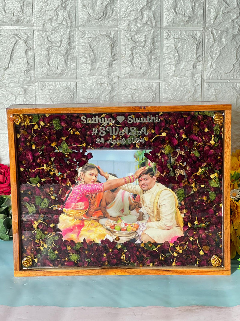 Jaimala Petals Preserve In Resin Frame | Red And Golden Garland Flower Preserve  With Couple Photo In | Bespoke Resin Varmala Frame With Couple Name And Engament Date And Hashtag |