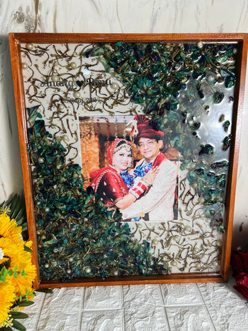 Resin 15by18 inch wooden frame with Orchid Flower and Pearl with Couple photo and name and date Varmala preservation