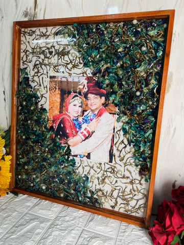 Resin 15by18 inch wooden frame with Orchid Flower and Pearl with Couple photo and name and date Varmala preservation