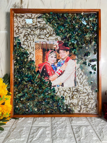 Resin 15by18 inch wooden frame with Orchid Flower and Pearl with Couple photo and name and date Varmala preservation