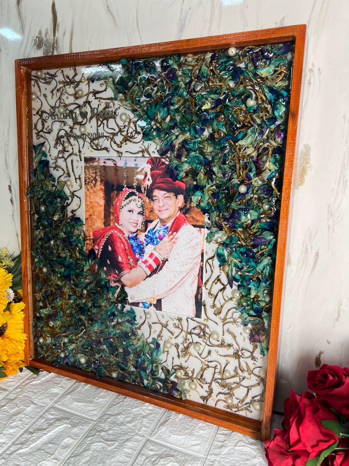 Resin 15by18 inch wooden frame with Orchid Flower and Pearl with Couple photo and name and date Varmala preservation