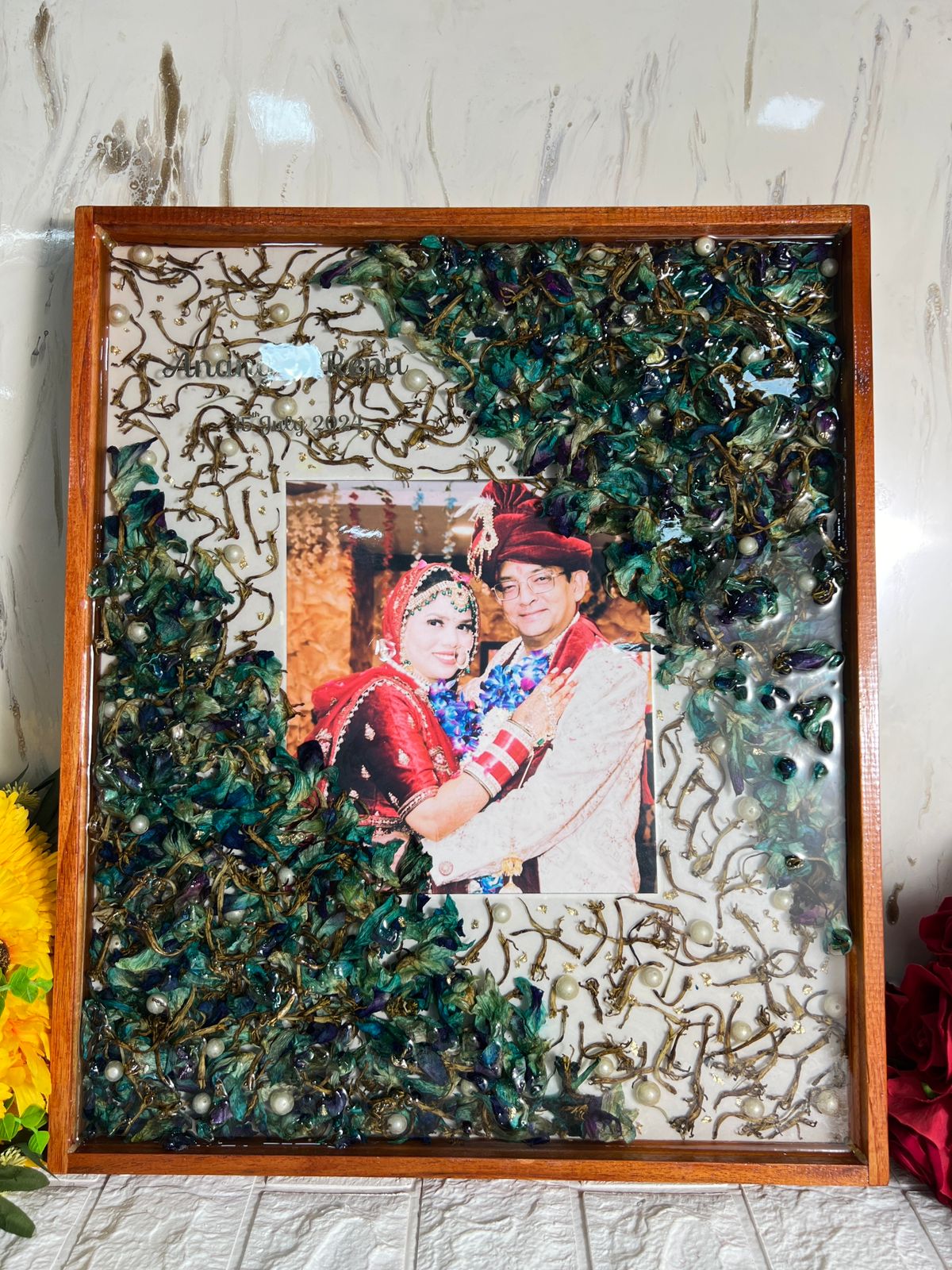 Resin 15by18 inch wooden frame with Orchid Flower and Pearl with Couple photo and name and date Varmala preservation