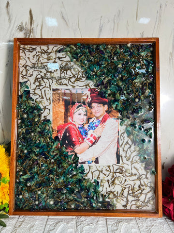 Resin 15by18 inch wooden frame with Orchid Flower and Pearl with Couple photo and name and date Varmala preservation