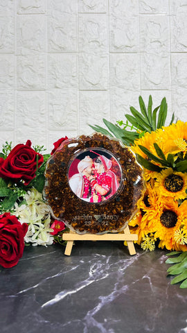 Resin 6inch round curve shape with wooden stand and couple photo and Name with red petals Varmala preservation