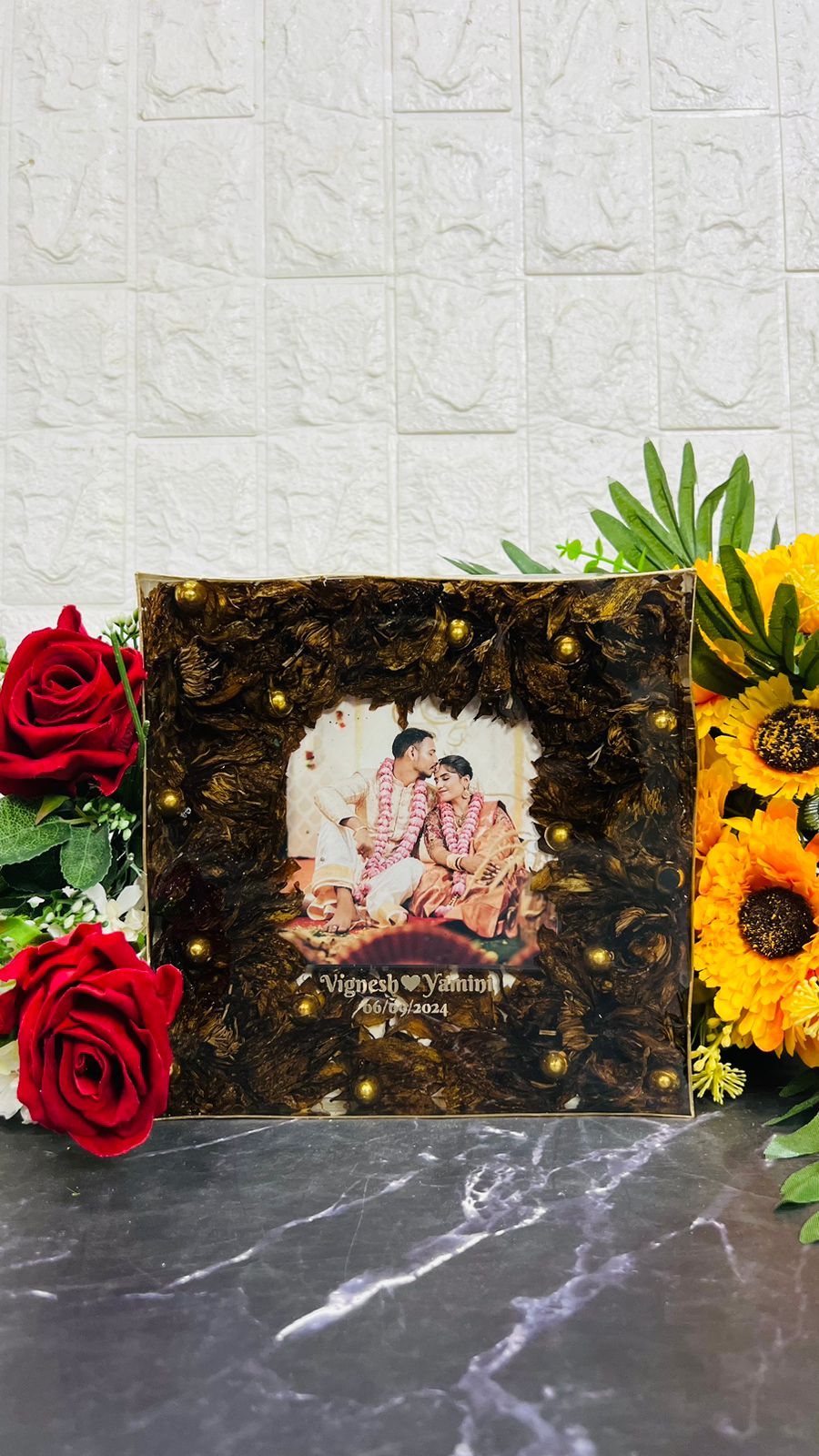 Resin 8inch squre lotus flower and petals with couple photo and names with pearls Varmala peservation