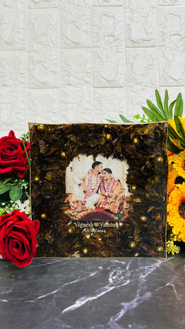 Resin 8inch squre lotus flower and petals with couple photo and names with pearls Varmala peservation