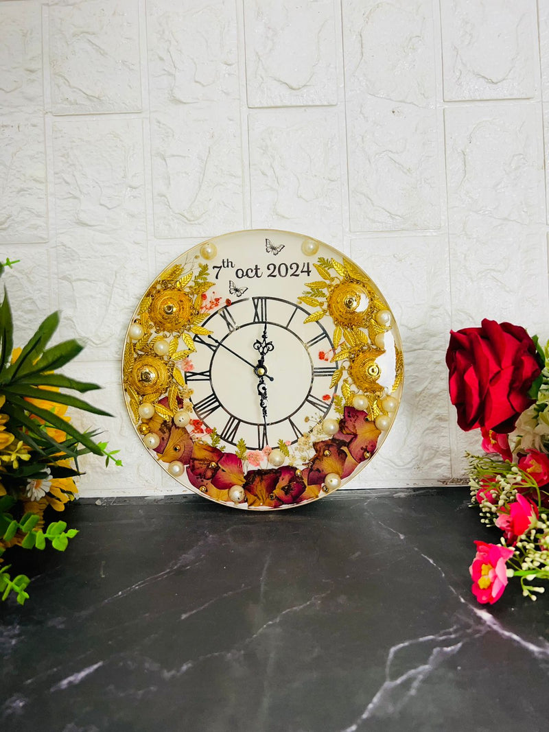 Resin 8inch round Varmala clock with Date and Rose petals with Kalirea Varmala preservation