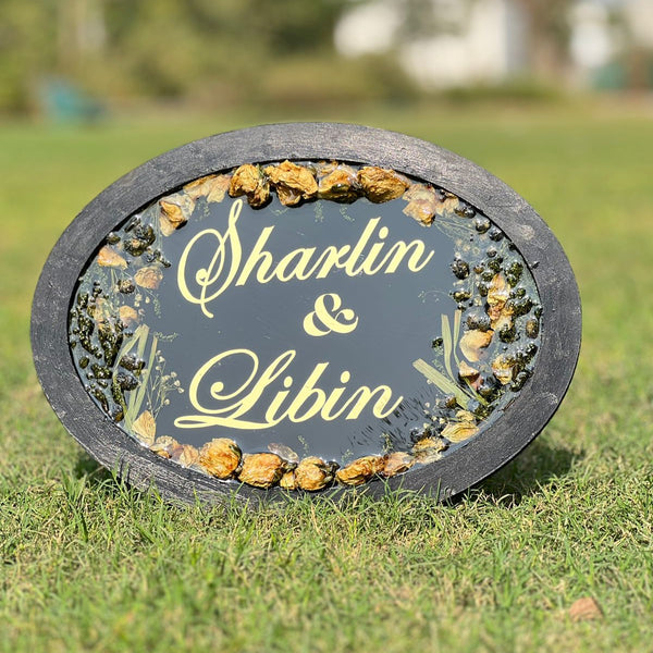 Wooden-Base Varmala Flower Nameplate for Home, 15×11 in