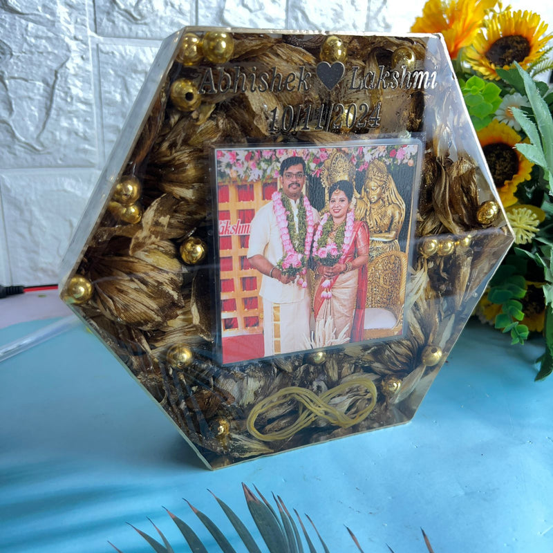 Resin 8 inch hexagonal frame with Lotus flower and couple photo with Name , Date Varmala Preservation