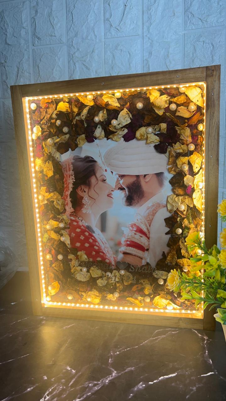 Resin 12 by 15 inch Wooden frame Red and white Flowers mix petals with Couple Photo and LED with Name LED light connection Varmala Preservation