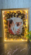 Resin 12 by 15 inch Wooden frame Red and white Flowers mix petals with Couple Photo and LED with Name LED light connection Varmala Preservation