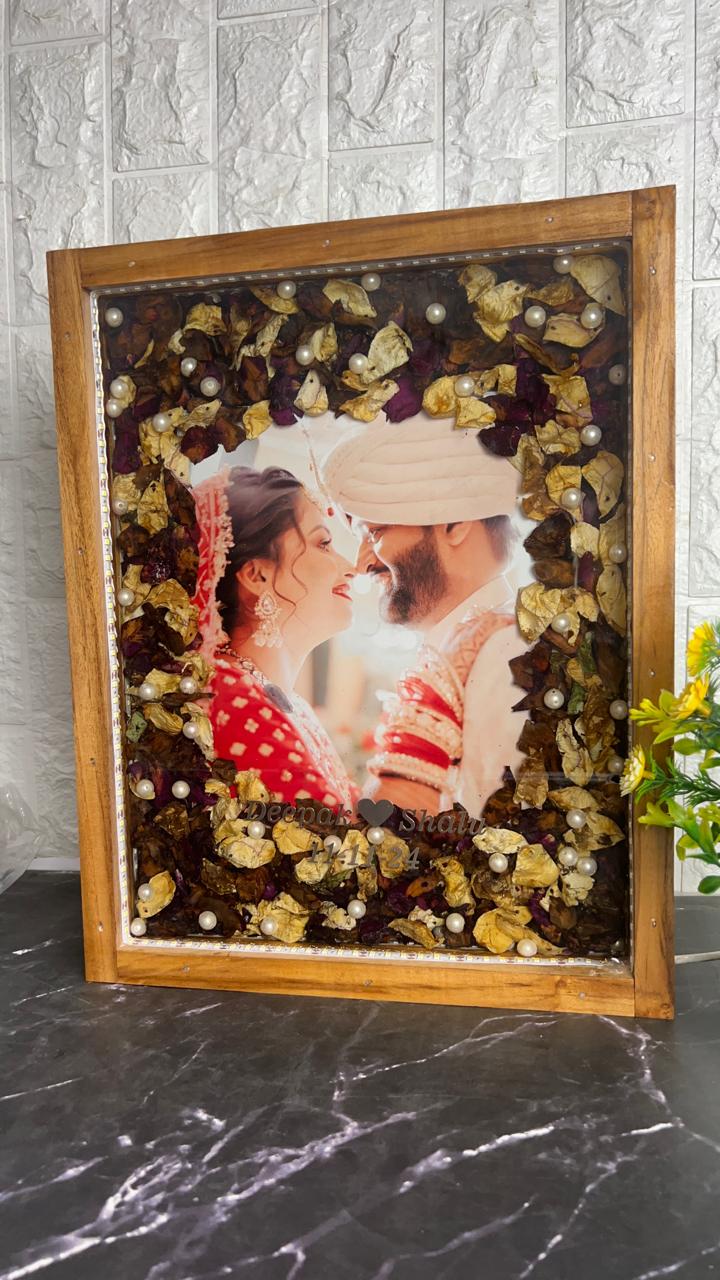 Resin 12 by 15 inch Wooden frame Red and white Flowers mix petals with Couple Photo and LED with Name LED light connection Varmala Preservation