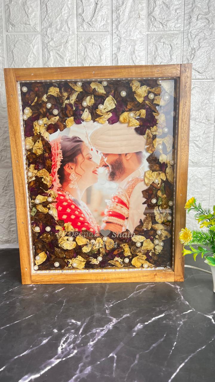 Resin 12 by 15 inch Wooden frame Red and white Flowers mix petals with Couple Photo and LED with Name LED light connection Varmala Preservation