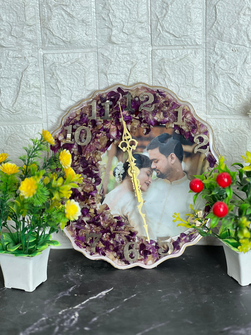 Resin 10inch curve shape clock with Couple Photo and Orchids Flowers Varmala Preservation