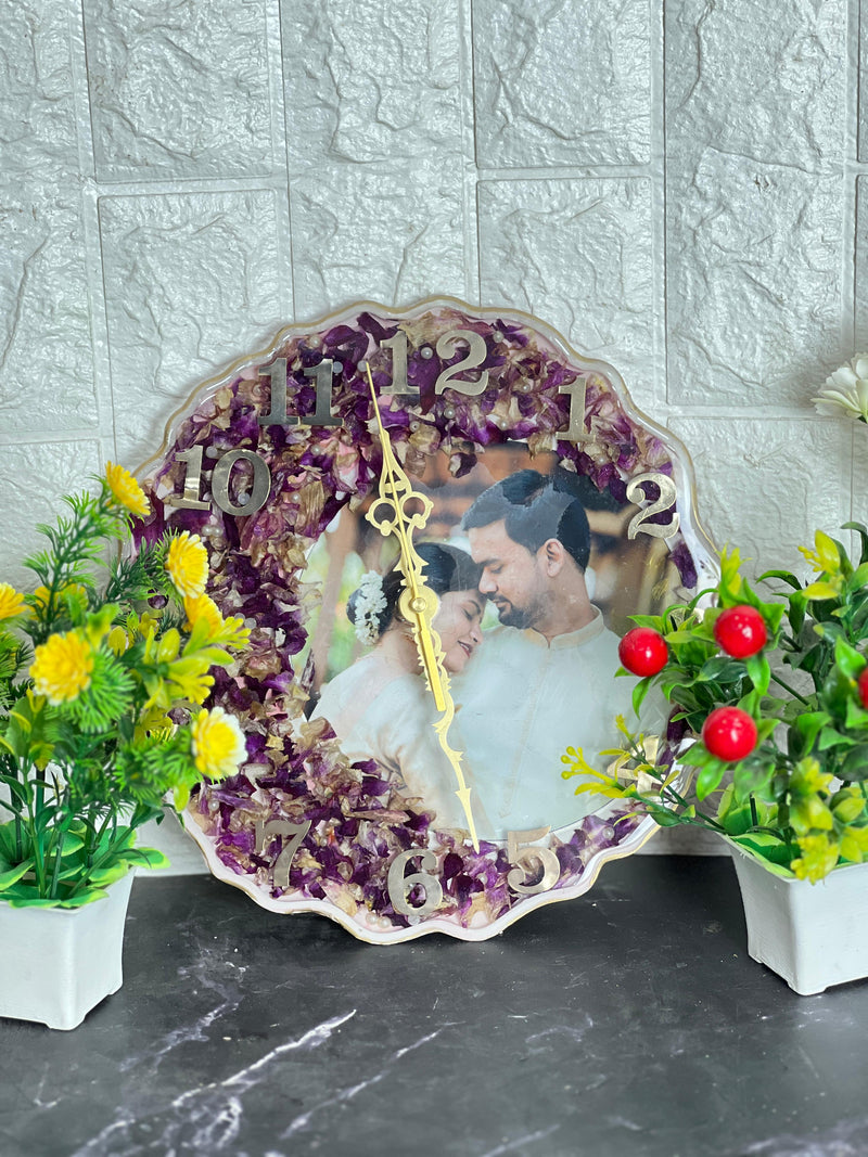 Resin 10inch curve shape clock with Couple Photo and Orchids Flowers Varmala Preservation