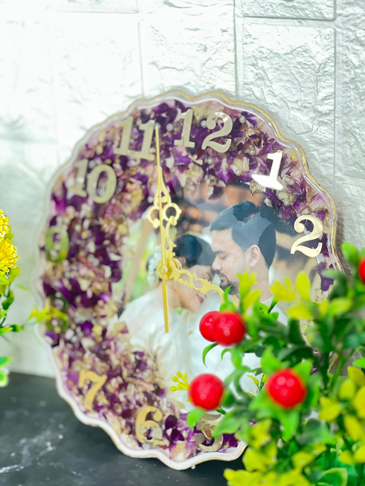 Resin 10inch curve shape clock with Couple Photo and Orchids Flowers Varmala Preservation