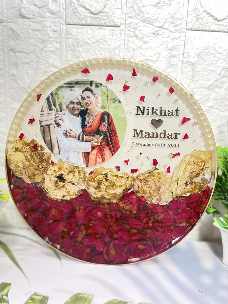 Resin 10inch round with Red & White flowers and Couple Name & Date with Petals Varmala Preservation