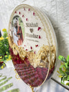 Resin 10inch round with Red & White flowers and Couple Name & Date with Petals Varmala Preservation