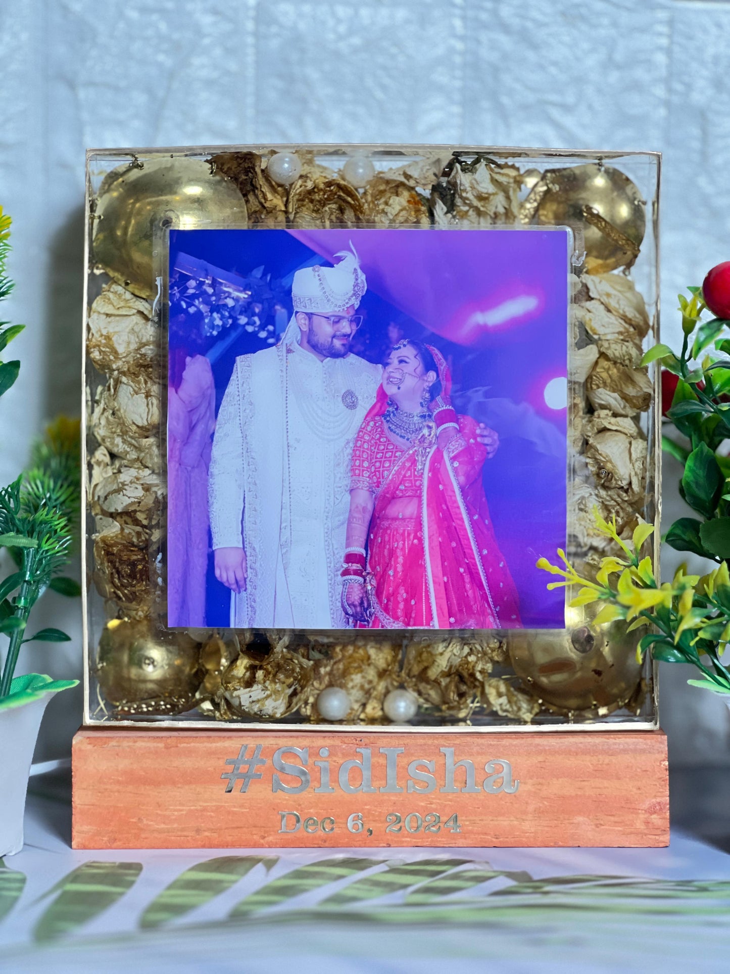 Resin 8inch square with LED and couple Flowers & Couple Photo with Name and Date  Varmala Preservation