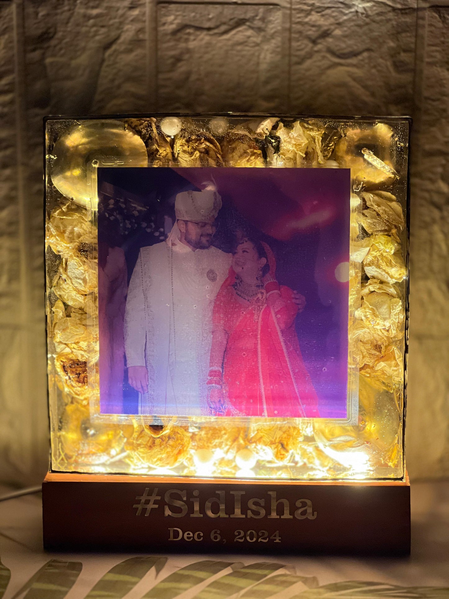 Resin 8inch square with LED and couple Flowers & Couple Photo with Name and Date  Varmala Preservation