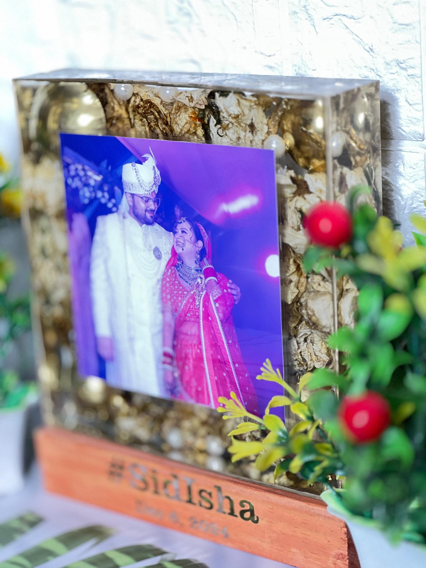 Resin 8inch square with LED and couple Flowers & Couple Photo with Name and Date  Varmala Preservation