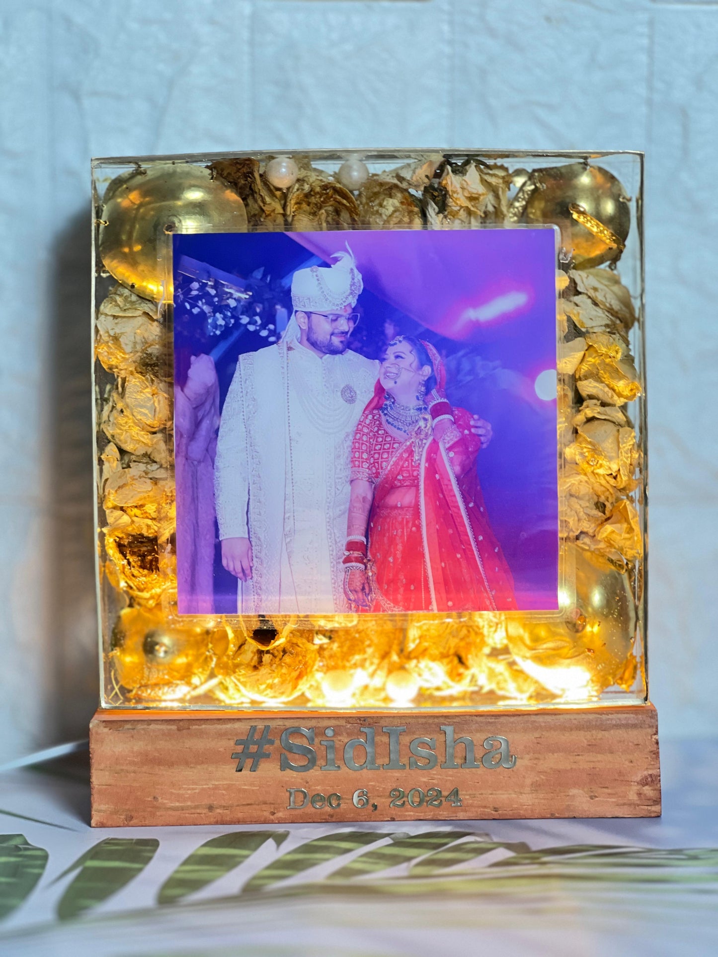 Resin 8inch square with LED and couple Flowers & Couple Photo with Name and Date  Varmala Preservation