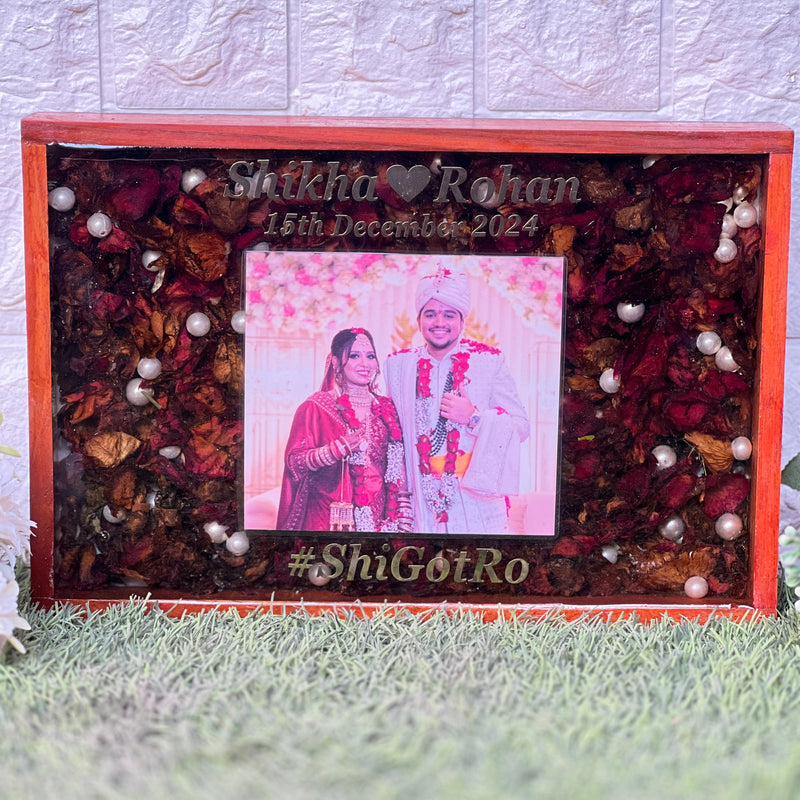 Wedding Garland Flowers Preservation in 8 by 12 inches Teakwood Frame