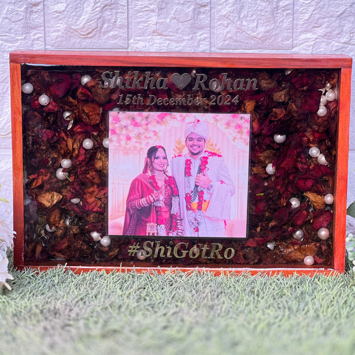 Wedding Garland Flowers Preservation in 8 by 12 inches Teakwood Frame