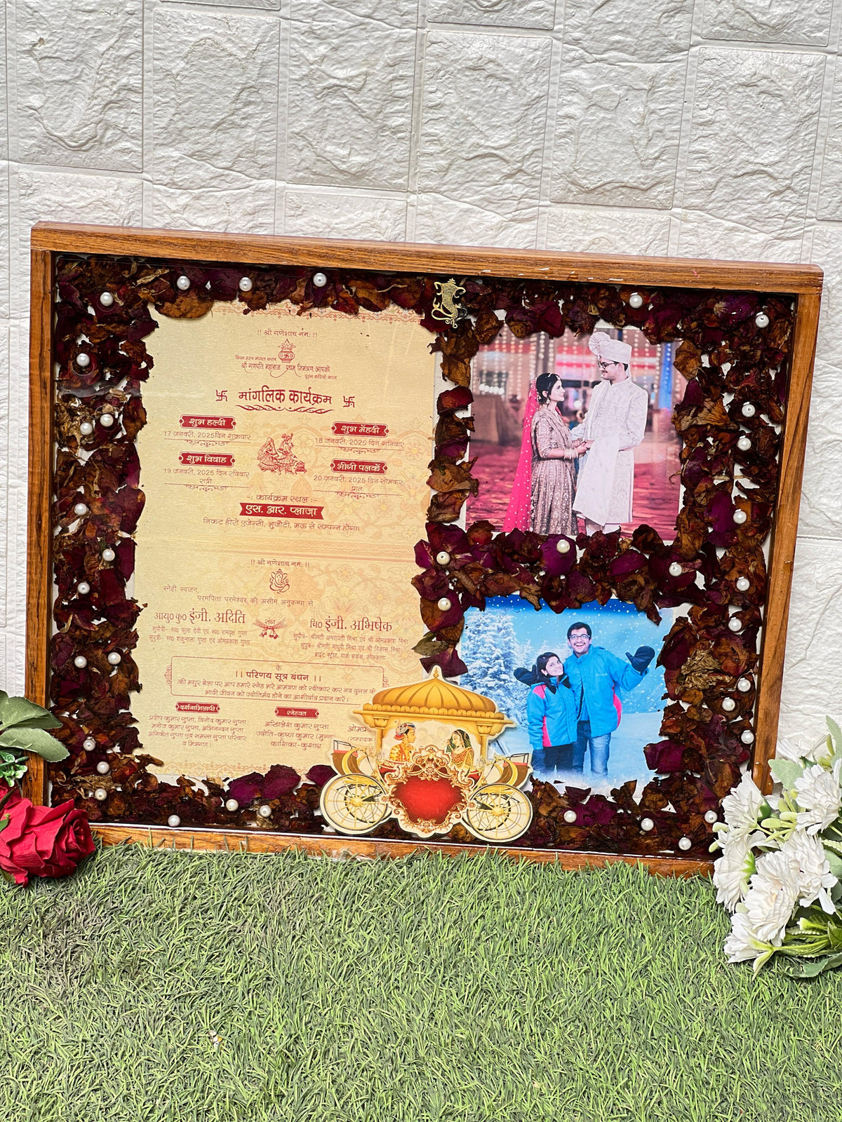 Wedding Card and Varmala Rose Preservation in Resin Frame (15 by 18 Inches)
