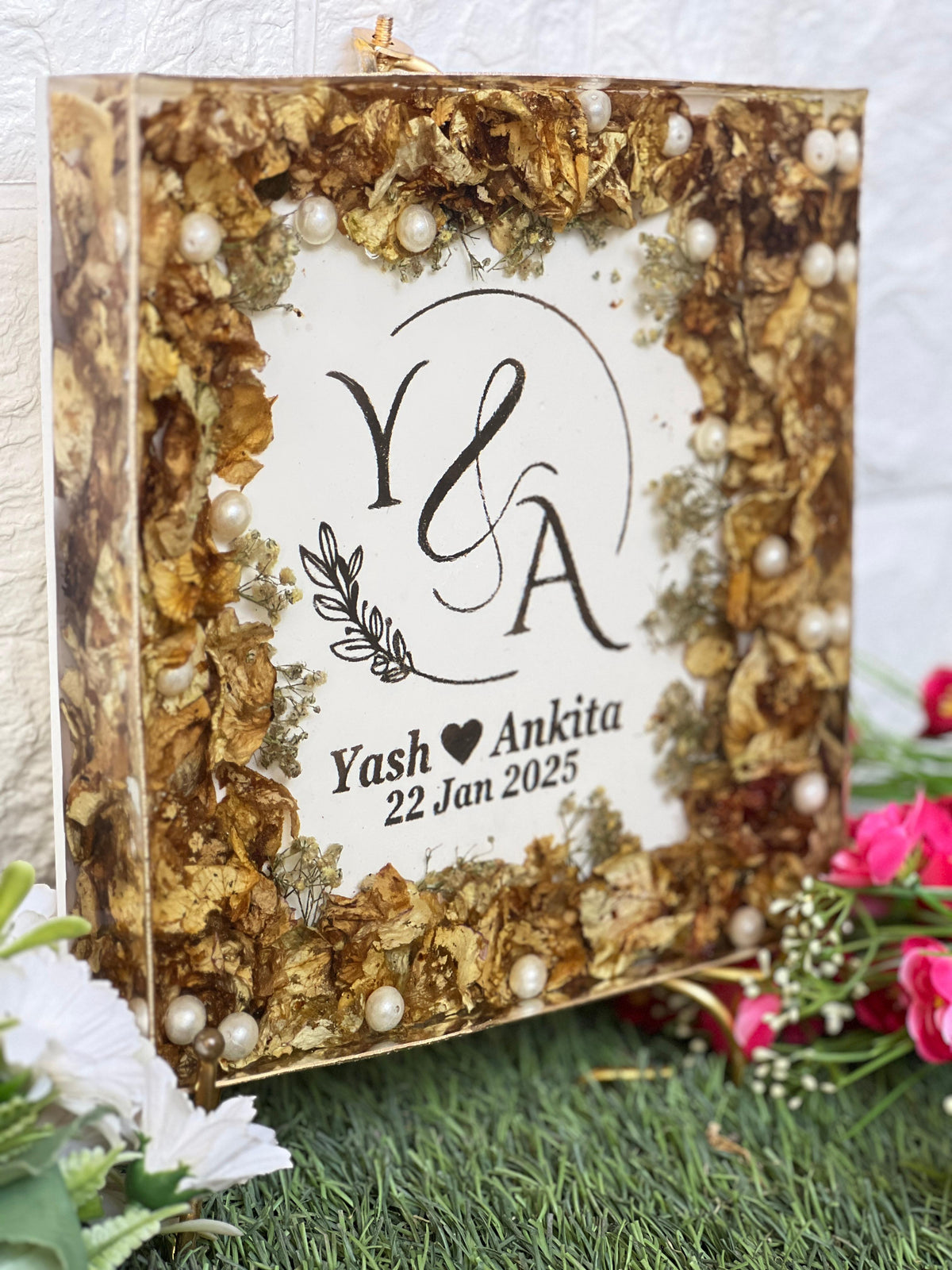 Resin Square Block with Varmala and Wedding Card Preservation (8-Inches)