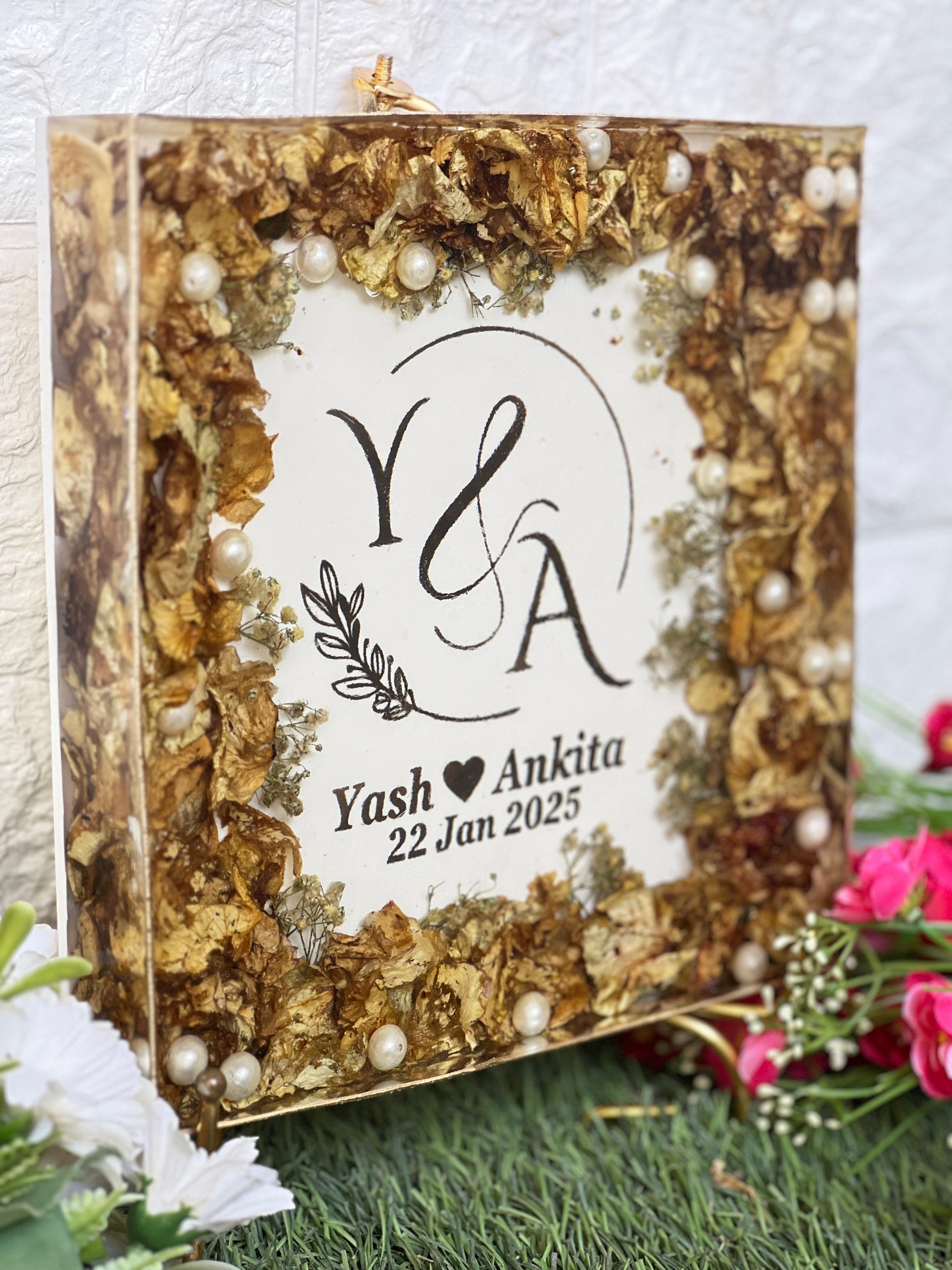 Resin Square Block with Varmala and Wedding Card Preservation (8-Inches)