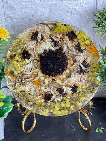 Resin 8inch round 6 inch frame dual side one side sunflower and one side white flowers  with metal stand Flowers Preservation