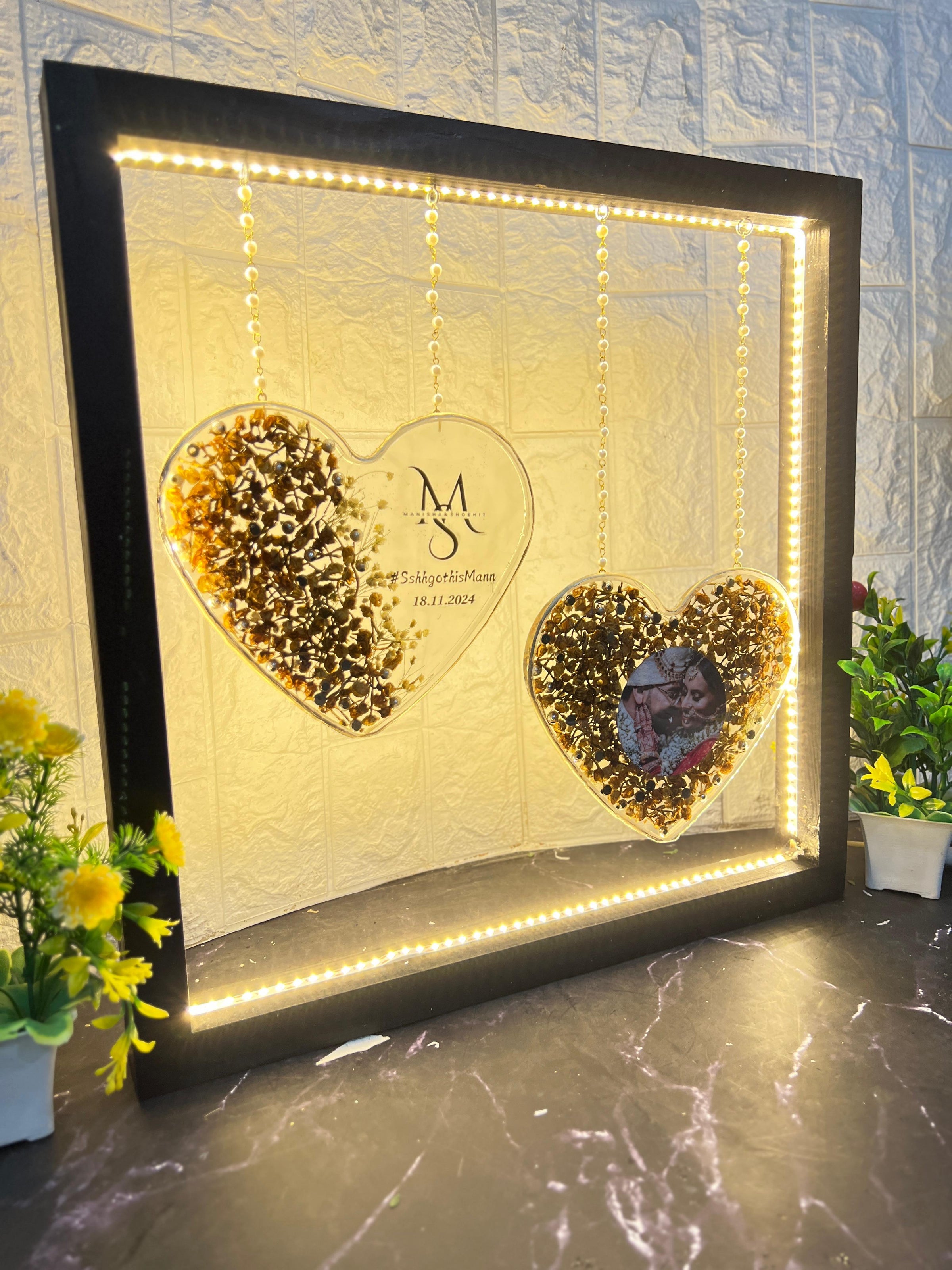 Resin Wedding Memory Keepsake in (15) Inch Heart-shaped frame with couple Name logo and Photo Varmala Preservation