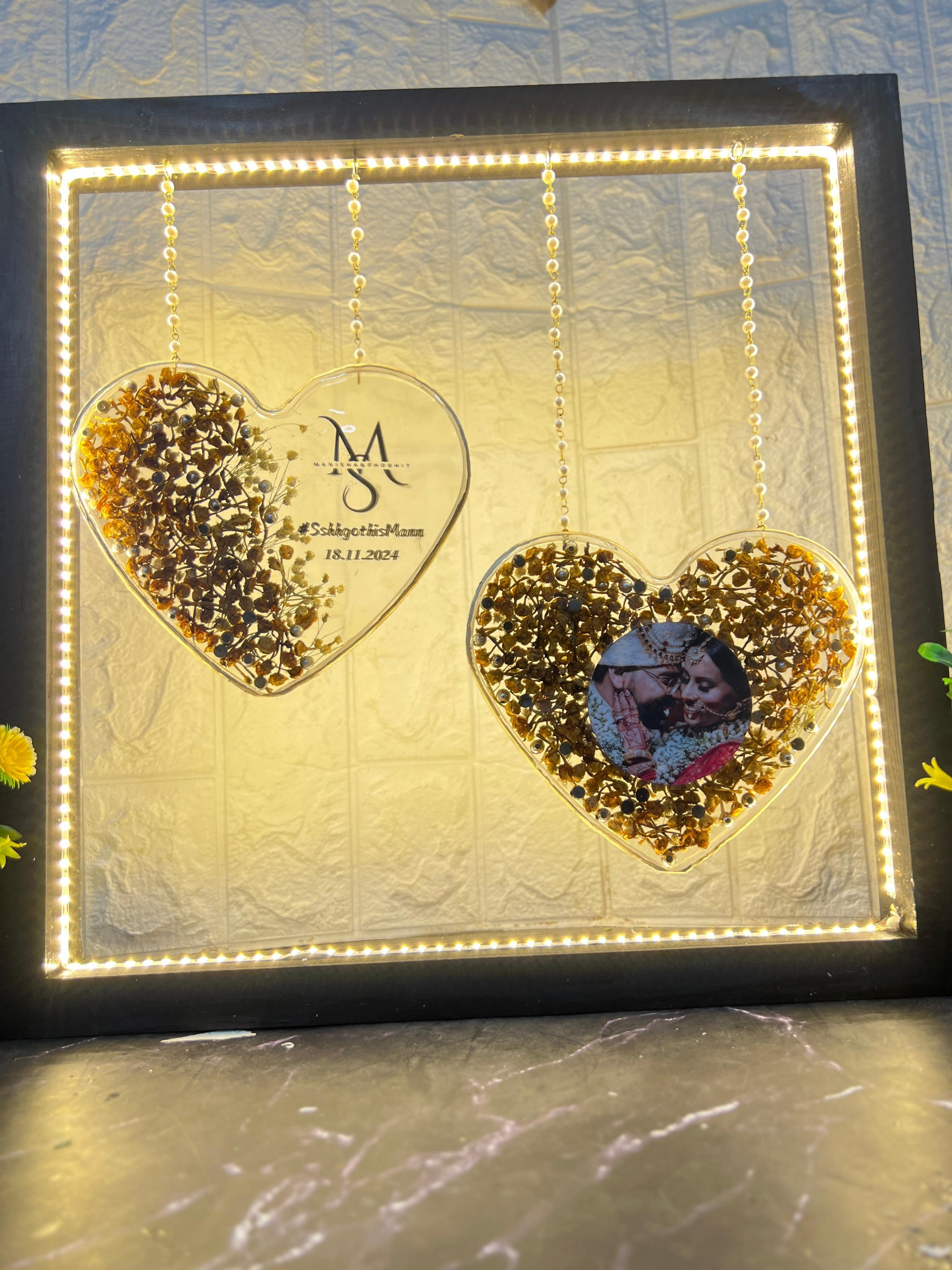 Resin Wedding Memory Keepsake in (15) Inch Heart-shaped frame with couple Name logo and Photo Varmala Preservation
